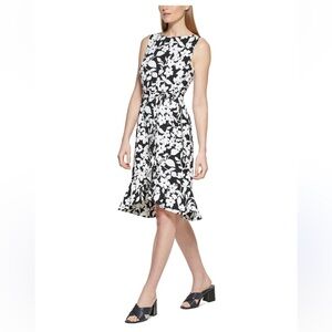 🆕 Calvin Klein Women's Black Floral Print Ruffled-Hem Dress - 6 - Black
